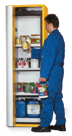 Bezpečnostní skříň s požární odolností 90min, skládací dveře (levé dveře)_3x police, 1x spodni záchytná vana, ocelový poplastovaný plech